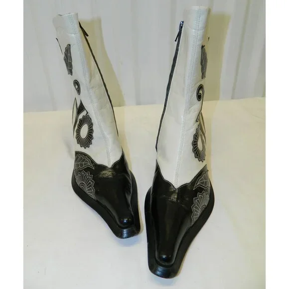 Vtg Goffredo Fantini Boots Sz 7 Black White Leather Ankle Boots Floral Appliqué - Picture 3 of 16